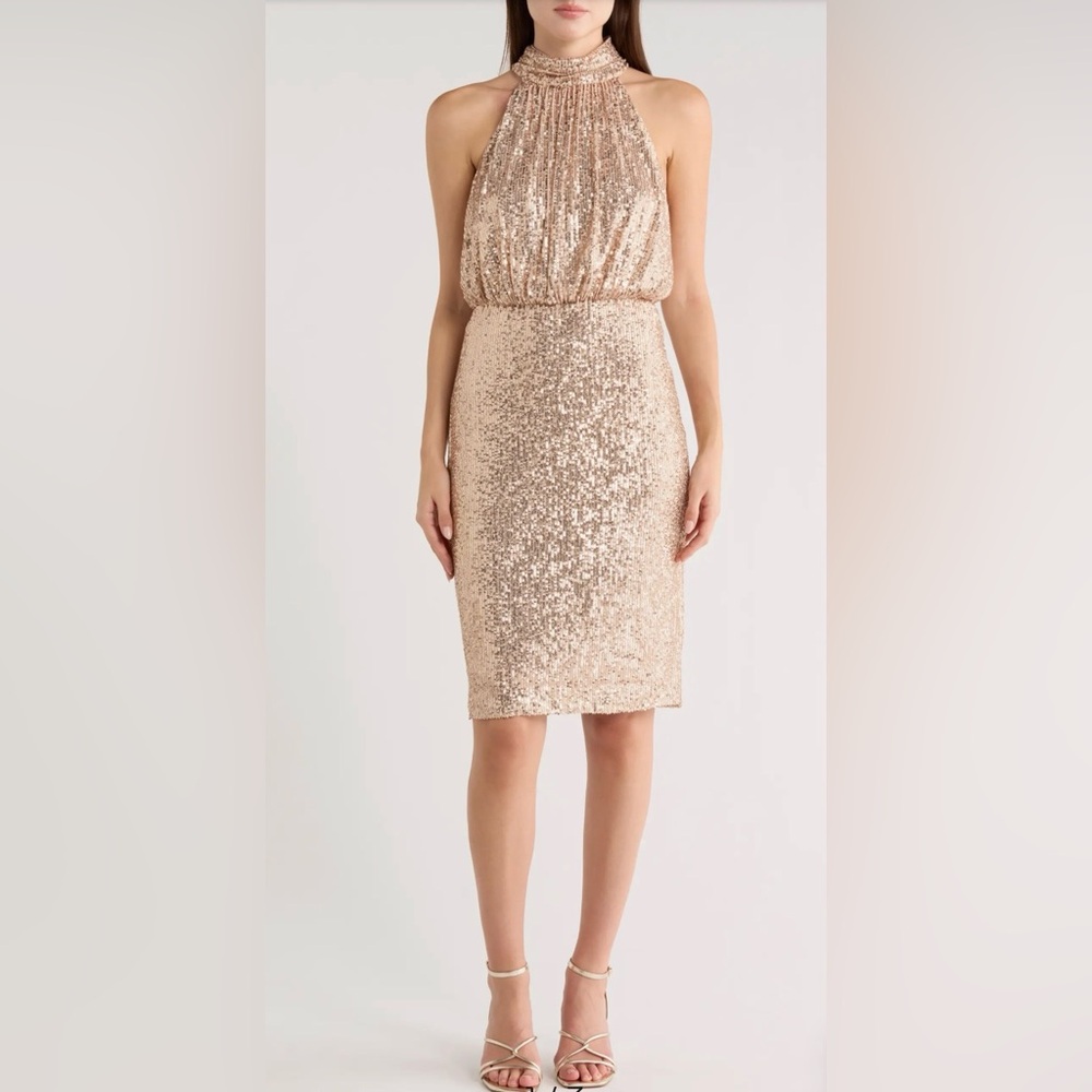 Eliza J Mock Neck Sleeveless Sequin Cocktail Dress Size 6 Rose Gold